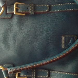 Dooney & Bourke large leather satchel w/tassels and whip stitched handles blue
